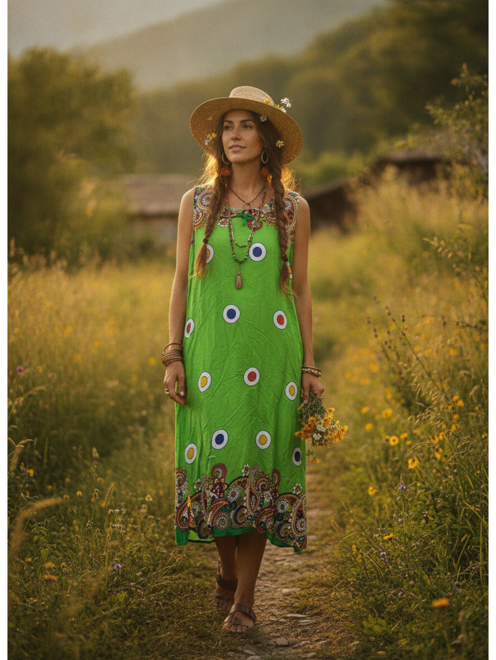 Macky & Joyce Green Paisley Print Sleeveless Dress Size Large Colorful Boho